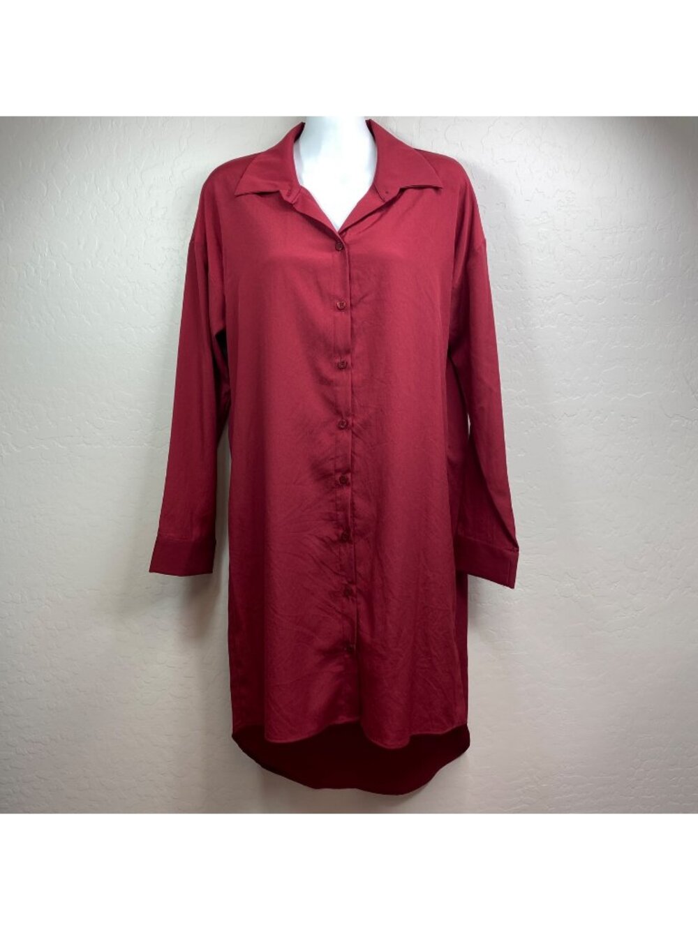 Glam Red Long Sleeve Button Down High-Low Shirt Dress Collar Cuffs Size Small
